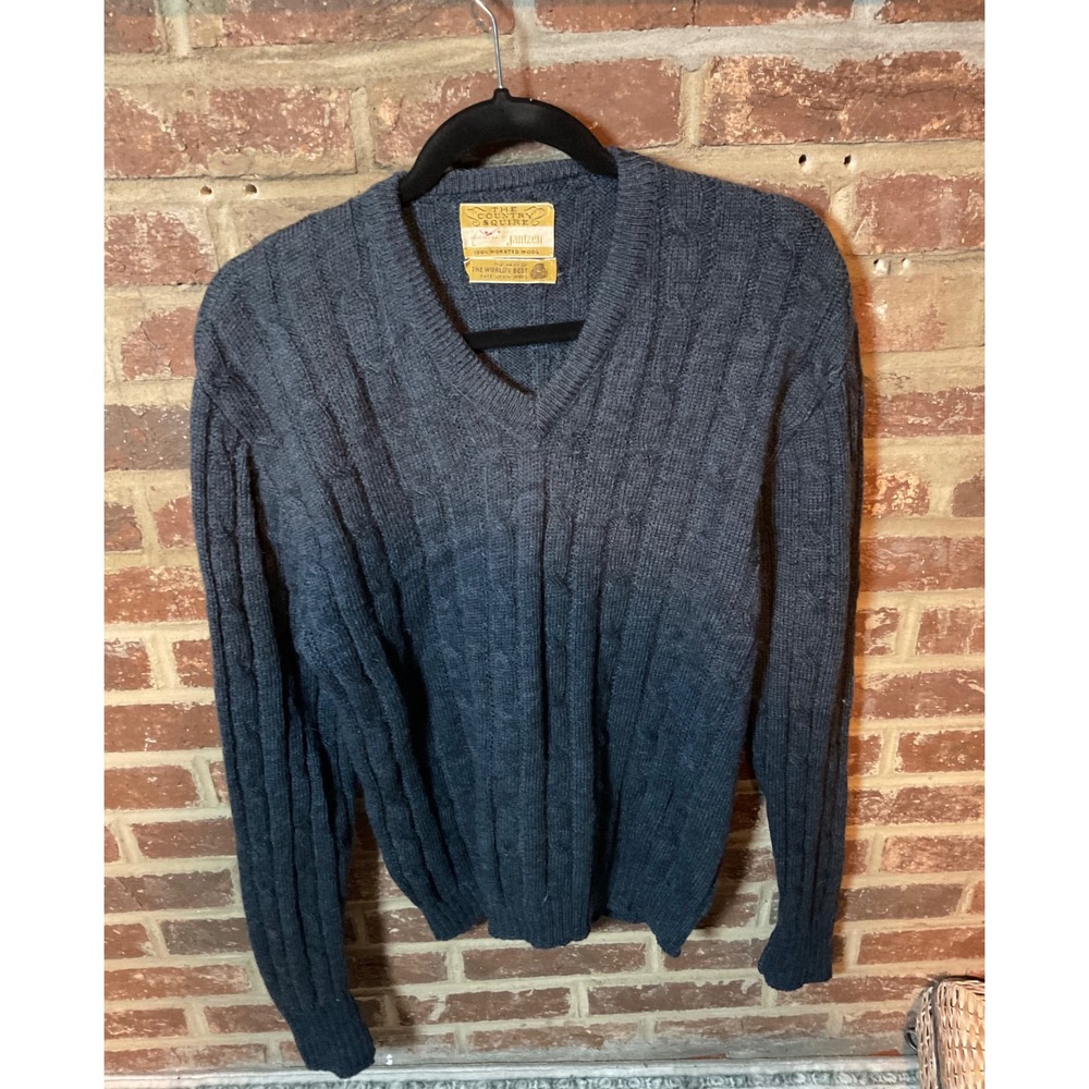 The Country Squire by Jantzen Mens Dark Gray 100% Worsted Wool Cable Knit‎ V Lrg